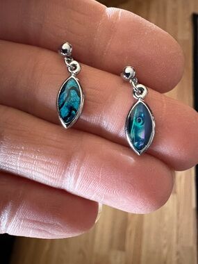 VINTAGE ABALONE INLAY SILVER DROP DANGLE POST 1" EARRINGS